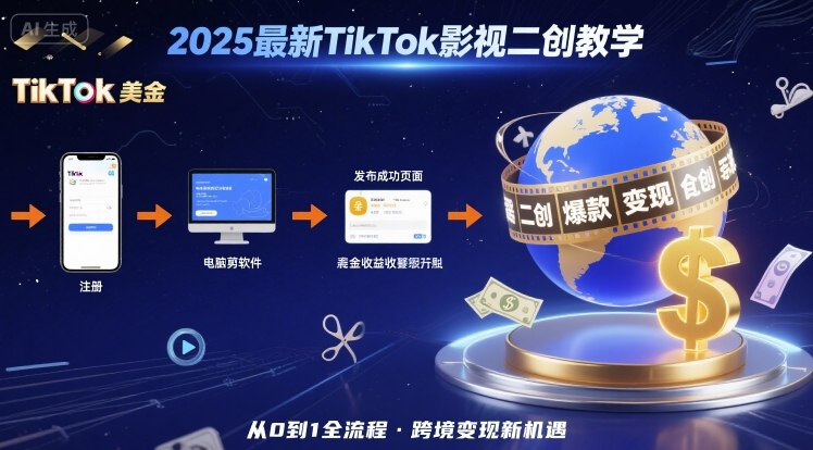 2025年最新TikTok影视二创教学,从注册到发布撸美金全流程,跨境变现新机遇-59网创