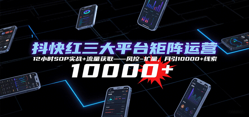 抖快红三大平台矩阵运营，12小时SOP实战+流量获取-风控-扩量，月引10000+线索-59网创