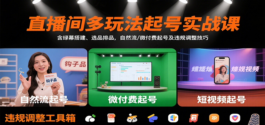 直播间多玩法起号实战课:含绿幕搭建、选品排品,自然流/微付费起号及违规调整技巧-59网创