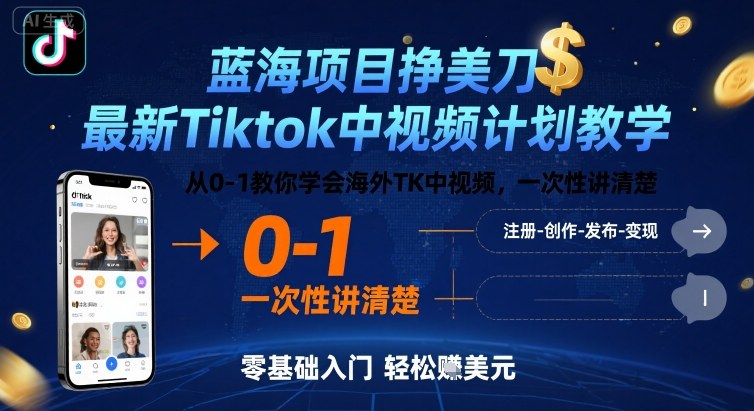 蓝海项目挣美刀,最新Tiktok中视频计划教学,从0-1教你学会海外TK中视频,一次性讲清楚-59网创