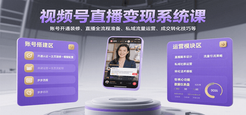 视频号直播变现系统课，账号开通装修、直播全流程准备、私域流量运营、成交转化技巧等-59网创