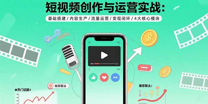 短视频创作与运营实战：基础搭建/内容生产/流量运营/变现闭环/4大核心模块-59网创
