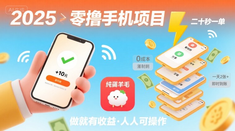 2025年零撸手机项目，二十秒一单，纯薅羊毛 一天2张+做就有-59网创