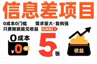 一个信息差项目，0成本0门槛，需求量大，复购强，只要做就能见收益，一天变现5张【揭秘】-59网创