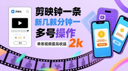 剪映拉新几分钟一条视频，可多号操作，单条视频最高收益2k-59网创