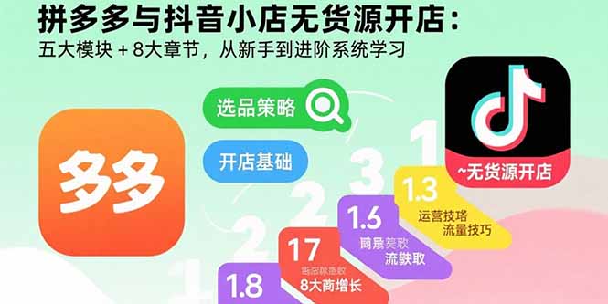 拼多多与抖音小店无货源开店:五大模块+8大章节,从新手到进阶系统学习-59网创