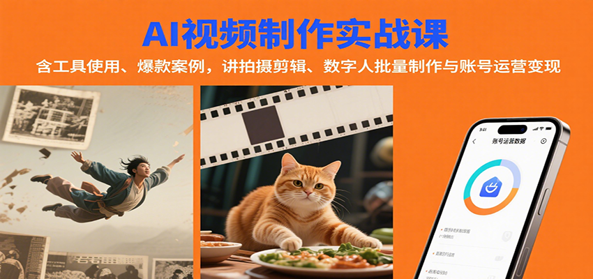 AI视频制作实战：含工具使用、爆款案例，讲拍摄剪辑、数字人批量制作与账号运营变现-59网创