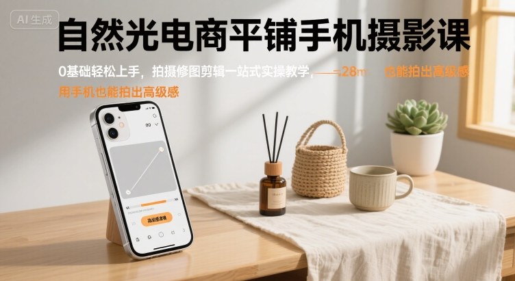 自然光电商平铺手机摄影课，0基础轻松上手，拍摄修图剪辑一站式实操教学，用手机也能拍出高级感-59网创