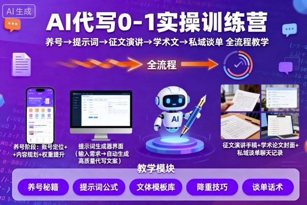 AI代写0-1实操训练营，从养号、提示词、征文演讲、学术文，到私域谈单的全流程教学-59网创