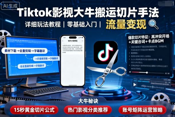Tiktok影视大牛搬运切片手法，详细玩法教程-59网创