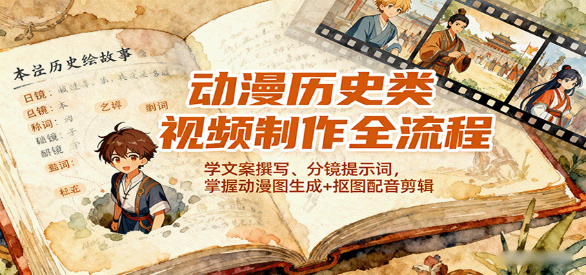 动漫历史类视频制作全流程，学文案撰写、分镜提示词，掌握动漫图生成+抠图配音剪辑-59网创