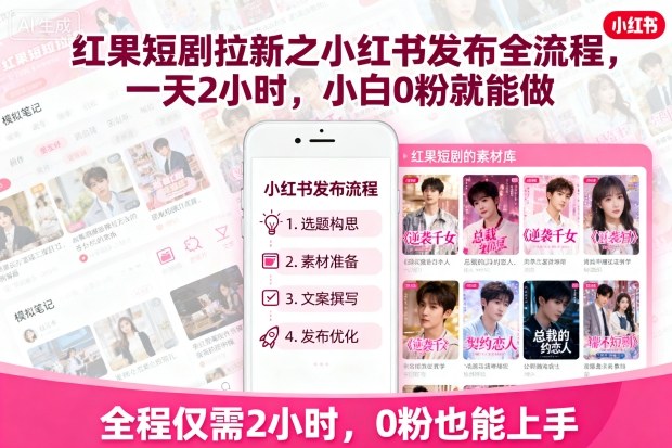 红果短剧拉新之小红书发布全流程，一天2小时，小白0粉就能做-59网创