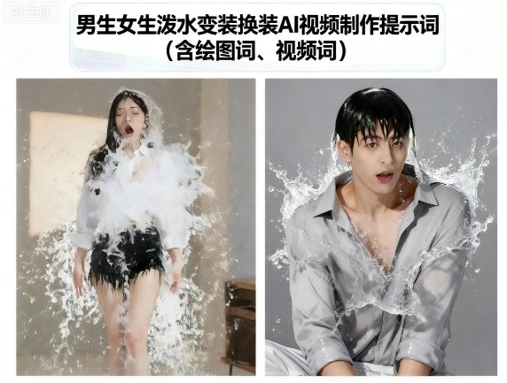 男生女生泼水变装换装AI视频制作提示词(含绘图词、视频词)-59网创