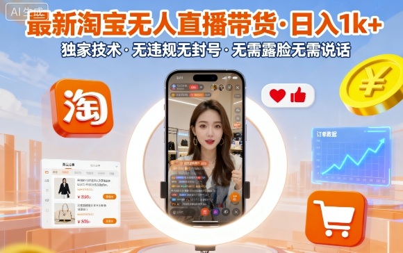 最新淘宝无人直播带货，日入1k+，独家技术，无违规无封号，无需露脸无需说话【揭秘】-59网创