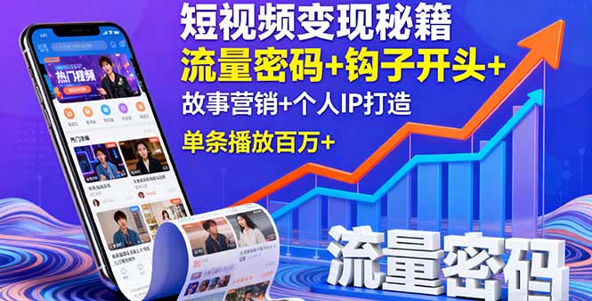 短视频变现秘籍，流量密码+钩子开头+故事营销+个人IP打造，单条播放百万+-59网创