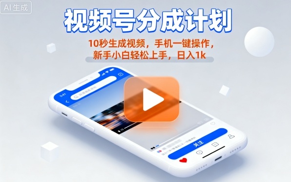 视频号分成计划懒人玩法,10秒生成视频,手机一键操作,新手小白轻松上手,日入1K【揭秘】-59网创