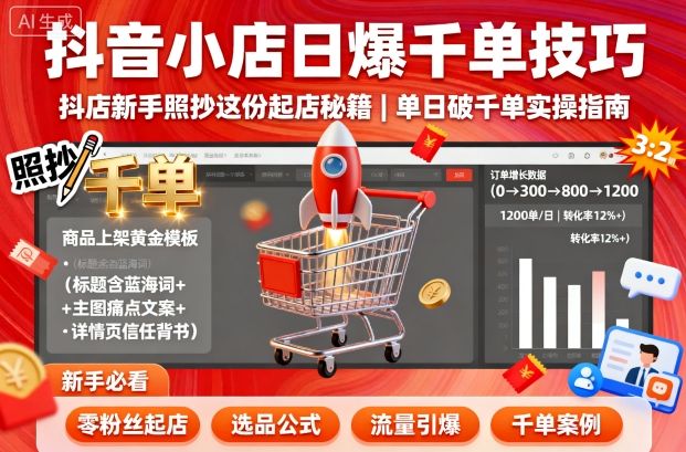 抖音小店日爆千单技巧，抖店新手照抄这份起店秘籍，单日破千单-59网创