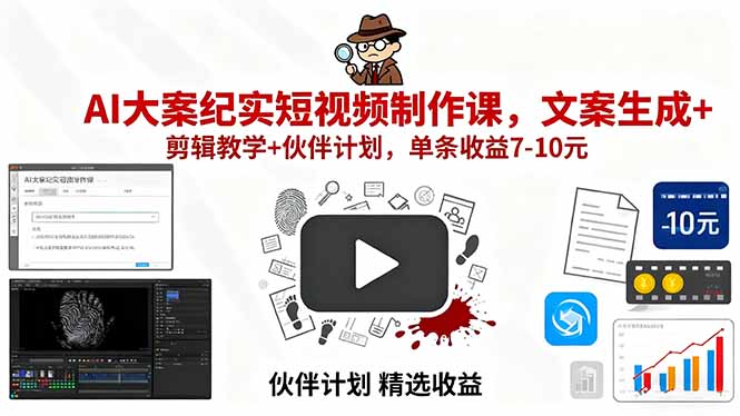 AI大案纪实短视频制作课,文案生成+剪辑教学+伙伴计划,单条收益7-10元-59网创