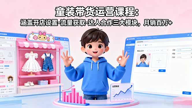 童装带货运营课程：涵盖开店设置-流量获取-达人合作三大模块，月销百万+-59网创