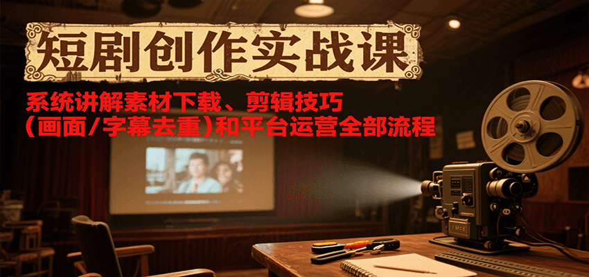 短剧创作实战课，系统讲解素材下载、剪辑技巧(画面/字幕去重)和平台运营全部流程-59网创