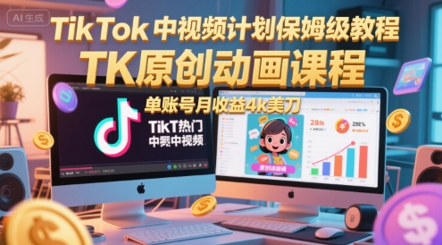 TikTok中视频计划保姆级教程,TK原创动画课程,单账号月收益4k美刀-59网创