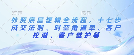 外贸底层逻辑全流程，十七步成交法则、时空角逼单、客户挖潜、客户维护等-59网创