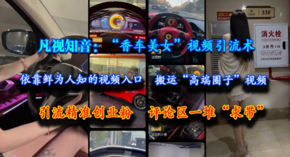 凡视知音：“香车美女”视频引流术，依靠鲜为人知的视频入口，搬运“高端圈子”视频，引流精准创业粉，评论区一堆“求带”-59网创