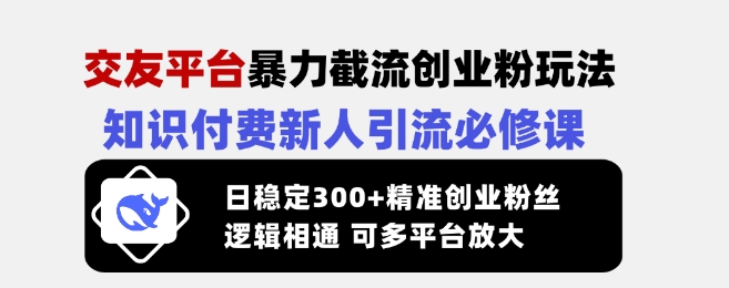 交友平台暴力截流创业粉玩法,知识付费新人引流必修课,日稳定300+精准创业粉丝,逻辑相通可多平台放大