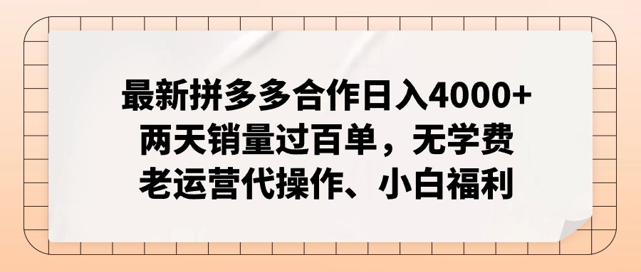 拼多多最新合作日入4000+两天销量过百单，无学费、老运营代操作、小白福利-59网创