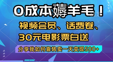 0成本薅羊毛!视频会员、话费卷、30元电影票白送，分享我如何靠转卖一天变现5张+【揭秘】-59网创