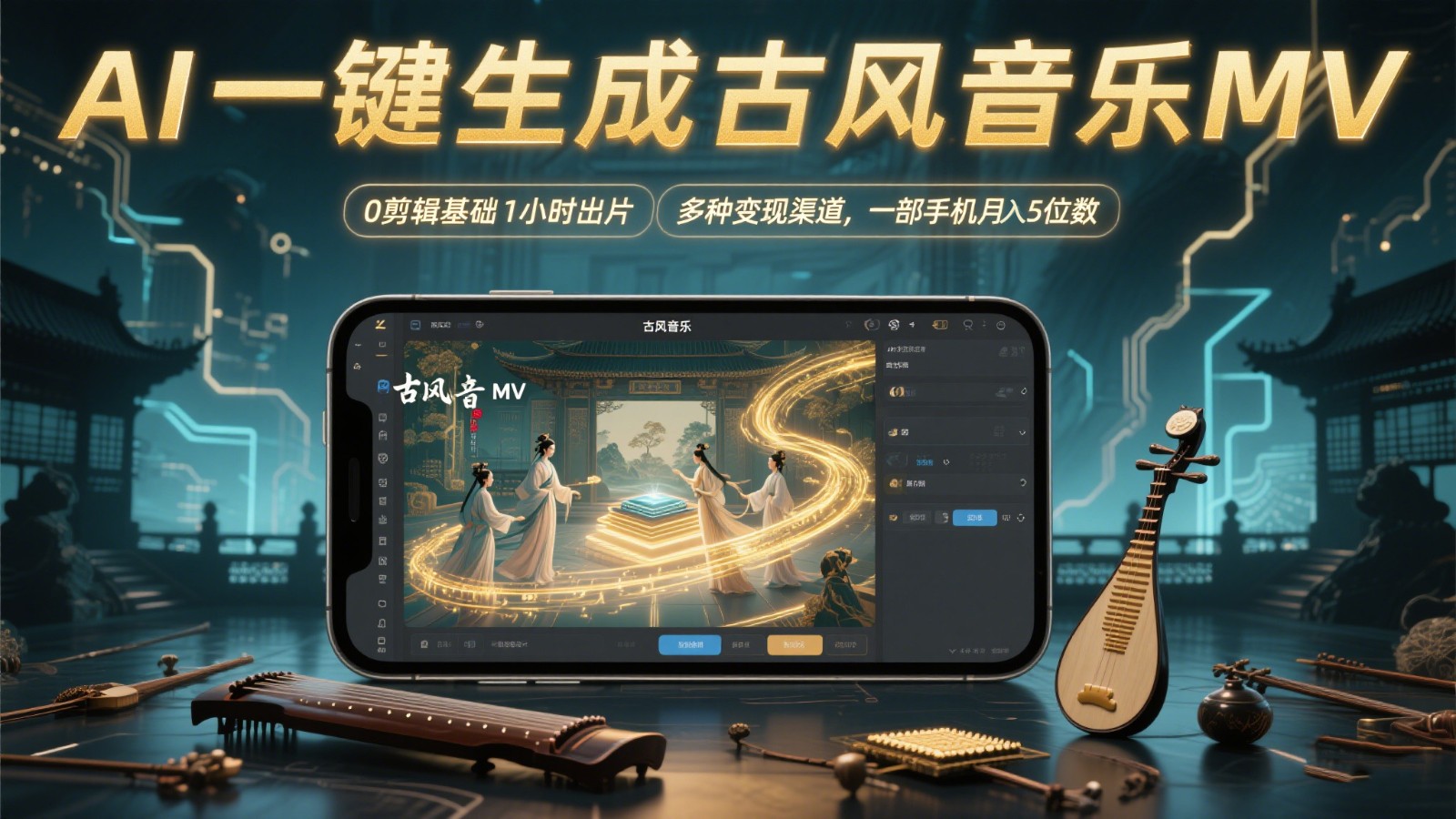 AI一键生成古风音乐MV，0剪辑基础1小时出片，多种变现渠道，一部手机月入5位数-59网创