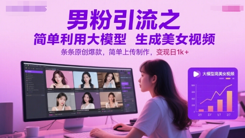 男粉引流之简单利用大模型生成美女视频，条条原创爆款，简单上传制作，变现日1k+-59网创