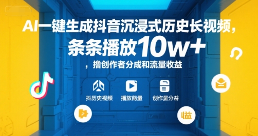 AI一键生成抖音沉浸式历史长视频，条条播放10w+，撸创作者分成和流量收益【揭秘】-59网创