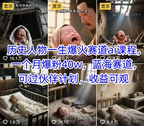 历史人物一生爆火赛道ai课程，一个月爆粉40w，蓝海赛道，可过伙伴计划，收益可观-59网创