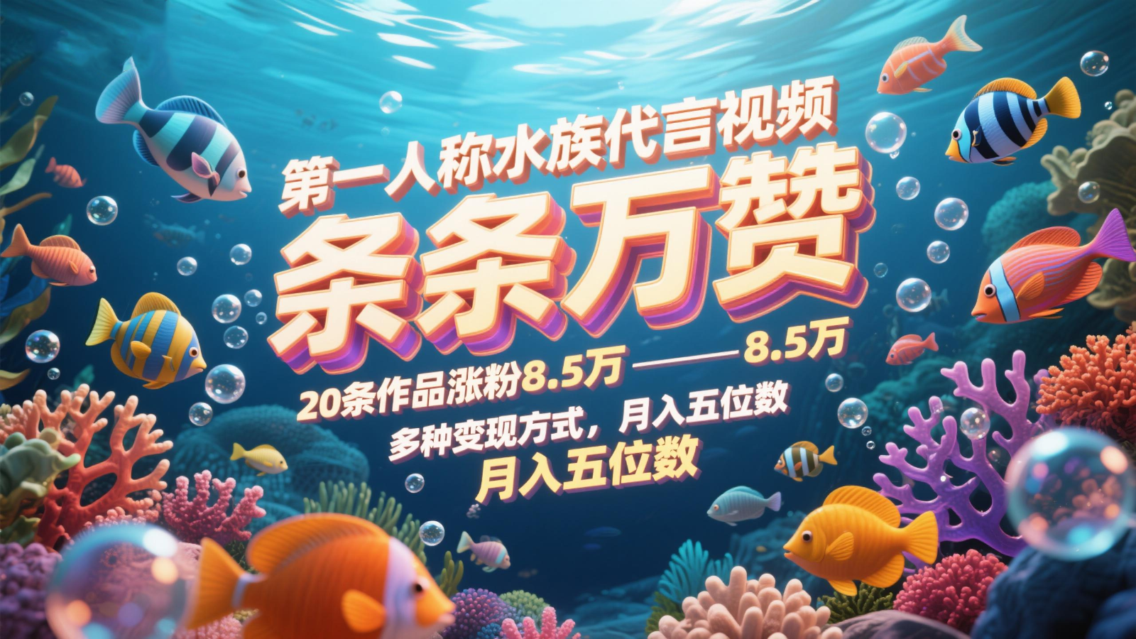 第一人称水族代言视频，条条万赞，20条作品涨粉8.5万，多种变现方式月，入五位数-59网创