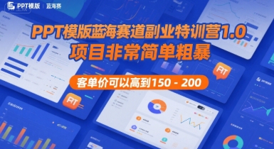 PPT模版蓝海赛道副业特训营1.0，项目非常简单粗暴，客单价可以高到150-200-59网创