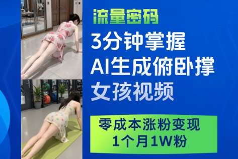 3分钟掌握AI生成俯卧撑女孩视频，零成本涨粉变现，1个月1W粉-59网创