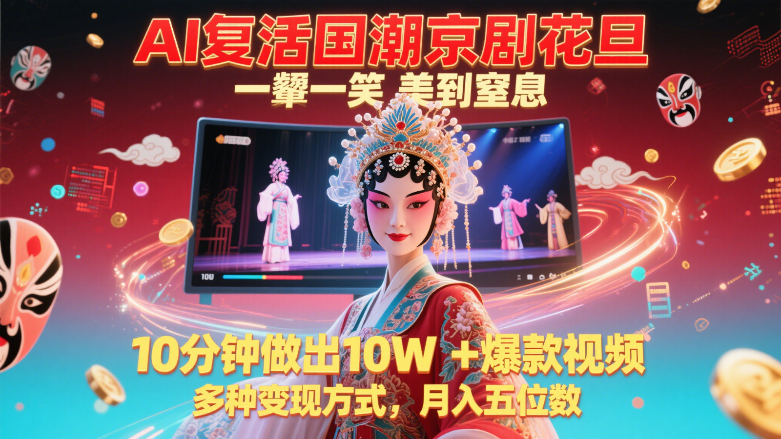 AI复活国潮京剧花旦，一颦一笑美到窒息，10分钟做出10W+爆款视频，多种变现方式-59网创