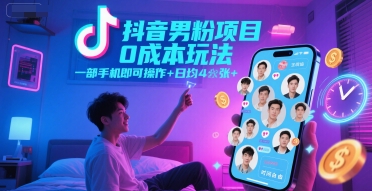 抖音男粉项目0成本玩法，一部手机即可操作，日均4张+，时间自由-59网创