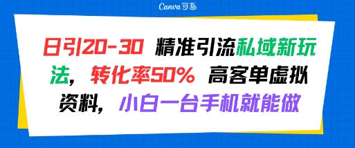 日引 20-30 精准引流私域新玩法，转化率50% 高客单虚拟资料，小白一台手机就能做-59网创