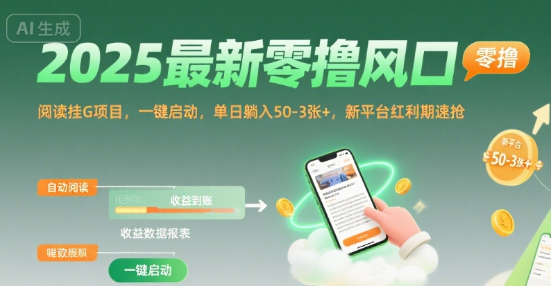 2025最新零撸风口，阅读挂G项目，一键启动，单日躺入 50-3张+，新平台红利期速抢【揭秘】-59网创