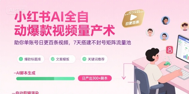 小红书AI全自动爆款视频量产术,助你单账号日更百条视频,7天搭建不封号矩阵流量池-59网创