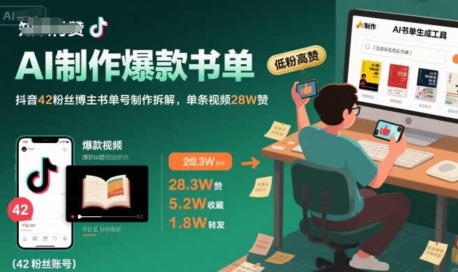 AI制作爆款书单，抖音42粉丝博主书单号制作拆解，单条视频28W赞-59网创