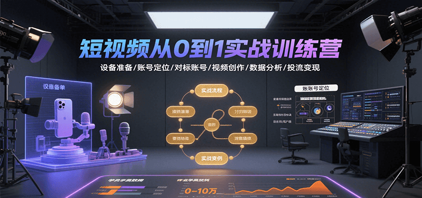 短视频从0到1实战训练营：设备准备/账号定位/对标账号/视频创作/数据分析/投流变现-59网创