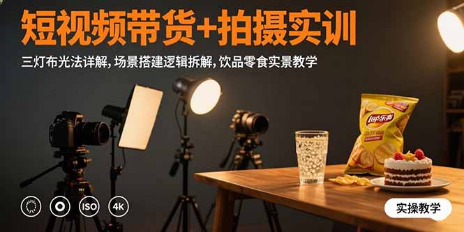 短视频带货+拍摄实训：三灯布光法详解,场景搭建逻辑拆解,饮品零食实景教学-59网创
